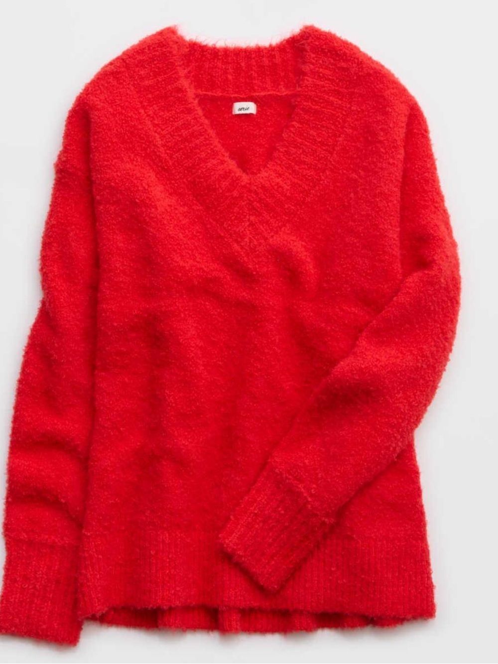 AERIE WOMENS RED TEDDY BOUCLE TEXTURED V NECK SWEATER XS OVERSIZED